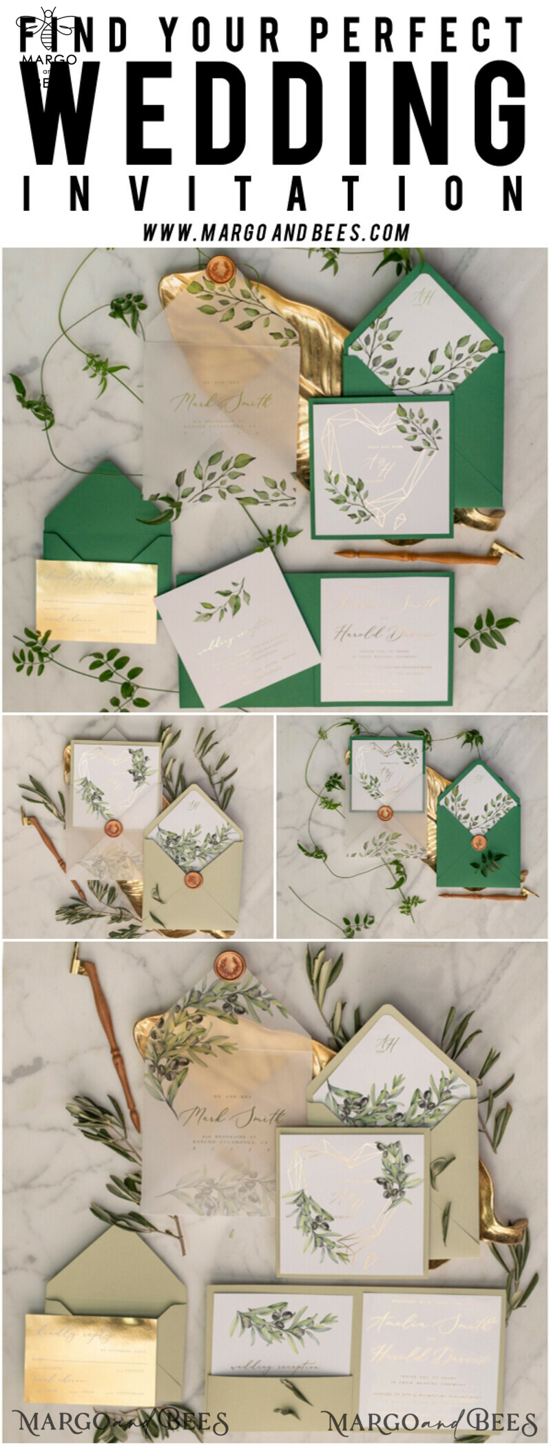Luxury Gold Foil Wedding Invitations: Elegant Pocketfold Cards with Glamour Greenery and Geometric Vellum Suite-10