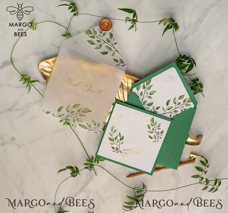Luxury Gold Foil Wedding Invitations: Elegant Pocketfold Cards with Glamour Greenery and Geometric Vellum Suite-2