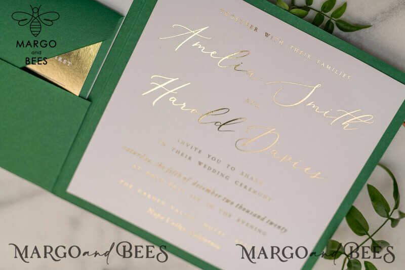 Luxury Gold Foil Wedding Invitations: Elegant Pocketfold Cards with Glamour Greenery and Geometric Vellum Suite-4