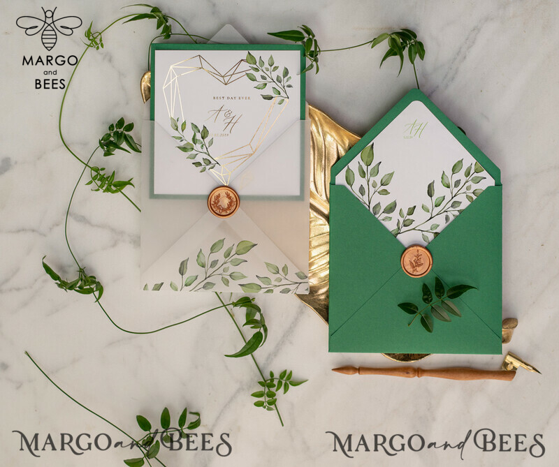 Luxury Gold Foil Wedding Invitations: Elegant Pocketfold Cards with Glamour Greenery and Geometric Vellum Suite-5