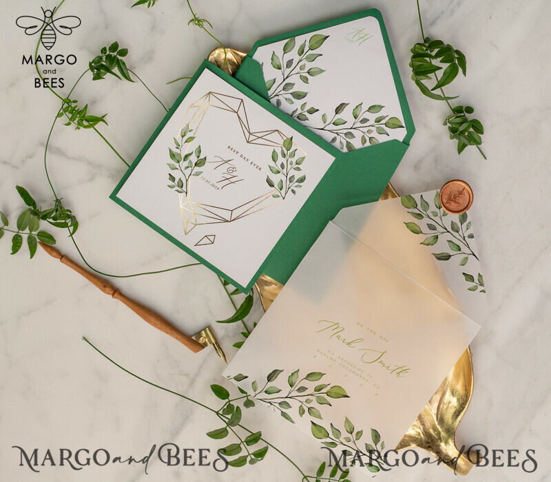 Luxury Gold Foil Wedding Invitations: Elegant Pocketfold Cards with Glamour Greenery and Geometric Vellum Suite-6