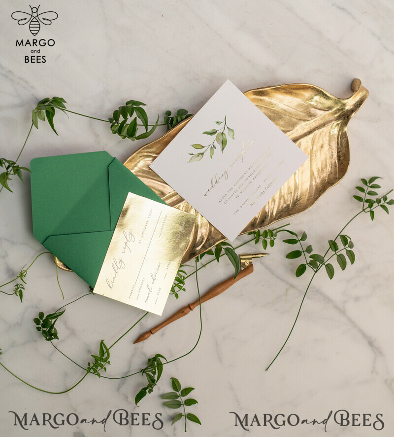 Luxury Gold Foil Wedding Invitations, Glamour Greenery Gold Wedding Invites, Elegant Pocketfold Wedding Cards, Geometric Vellum Wedding Invitation Suite-7