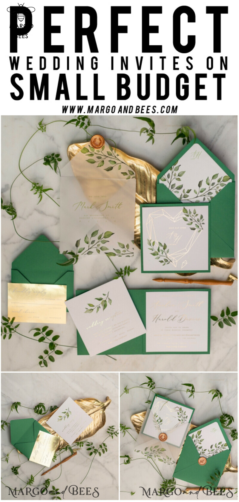 Luxury Gold Foil Wedding Invitations: Elegant Pocketfold Cards with Glamour Greenery and Geometric Vellum Suite-8