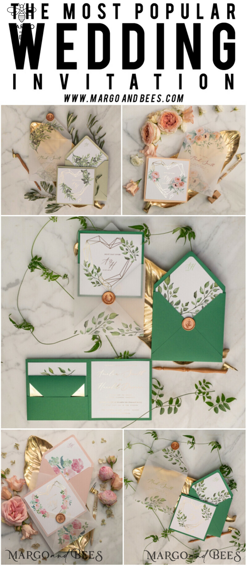 Luxury Gold Foil Wedding Invitations: Elegant Pocketfold Cards with Glamour Greenery and Geometric Vellum Suite-9
