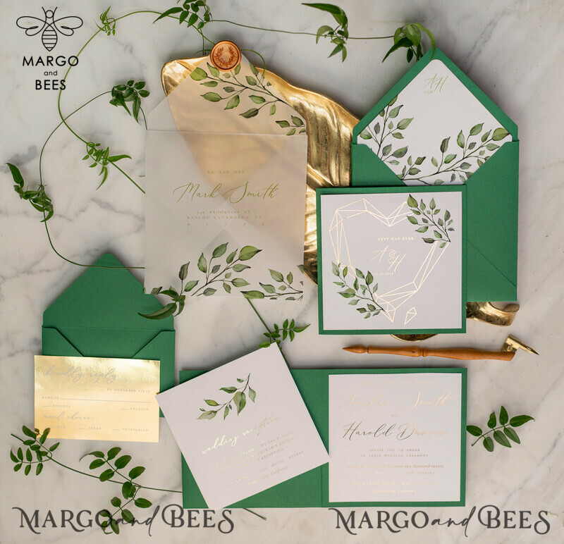 Luxury Gold Foil Wedding Invitations: Elegant Pocketfold Cards with Glamour Greenery and Geometric Vellum Suite-0