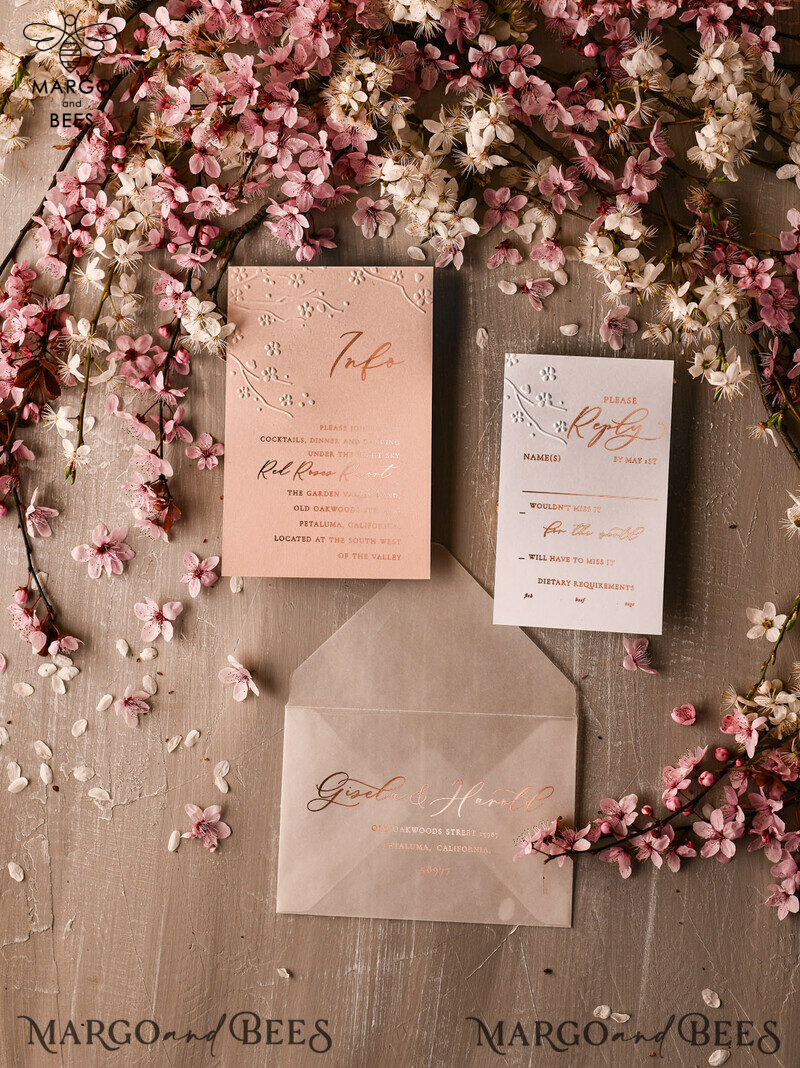 Glamour and Elegance: Rose Gold Wedding Invitations with Embossed Details, Romantic and Timeless: Cherry Blossom Wedding Invites for an Enchanting Celebration, Exquisite and Personalized: White Vellum Wedding Invitation Suite for a Bespoke Experience-1