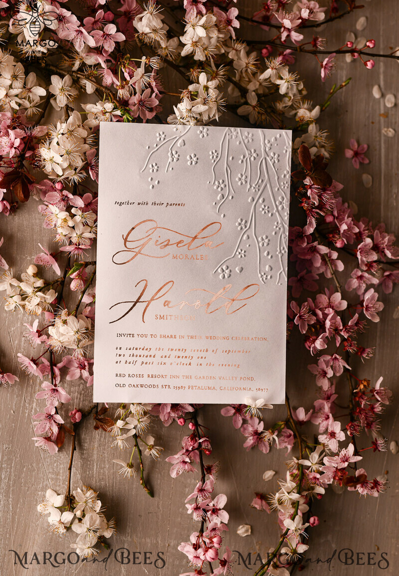 Glamour and Elegance: Rose Gold Wedding Invitations with Embossed Details, Romantic and Timeless: Cherry Blossom Wedding Invites for an Enchanting Celebration, Exquisite and Personalized: White Vellum Wedding Invitation Suite for a Bespoke Experience-5