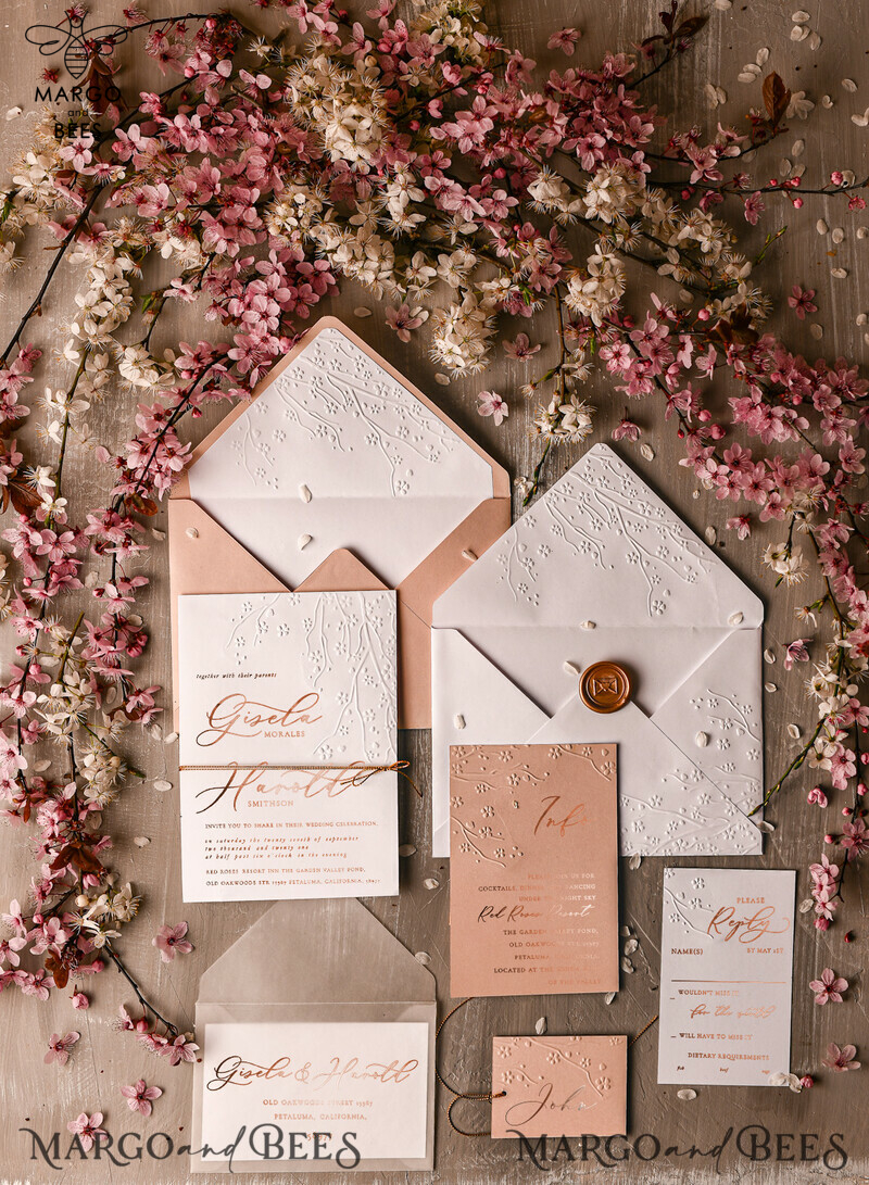 Glamour and Elegance: Rose Gold Wedding Invitations with Embossed Details, Romantic and Timeless: Cherry Blossom Wedding Invites for an Enchanting Celebration, Exquisite and Personalized: White Vellum Wedding Invitation Suite for a Bespoke Experience-6