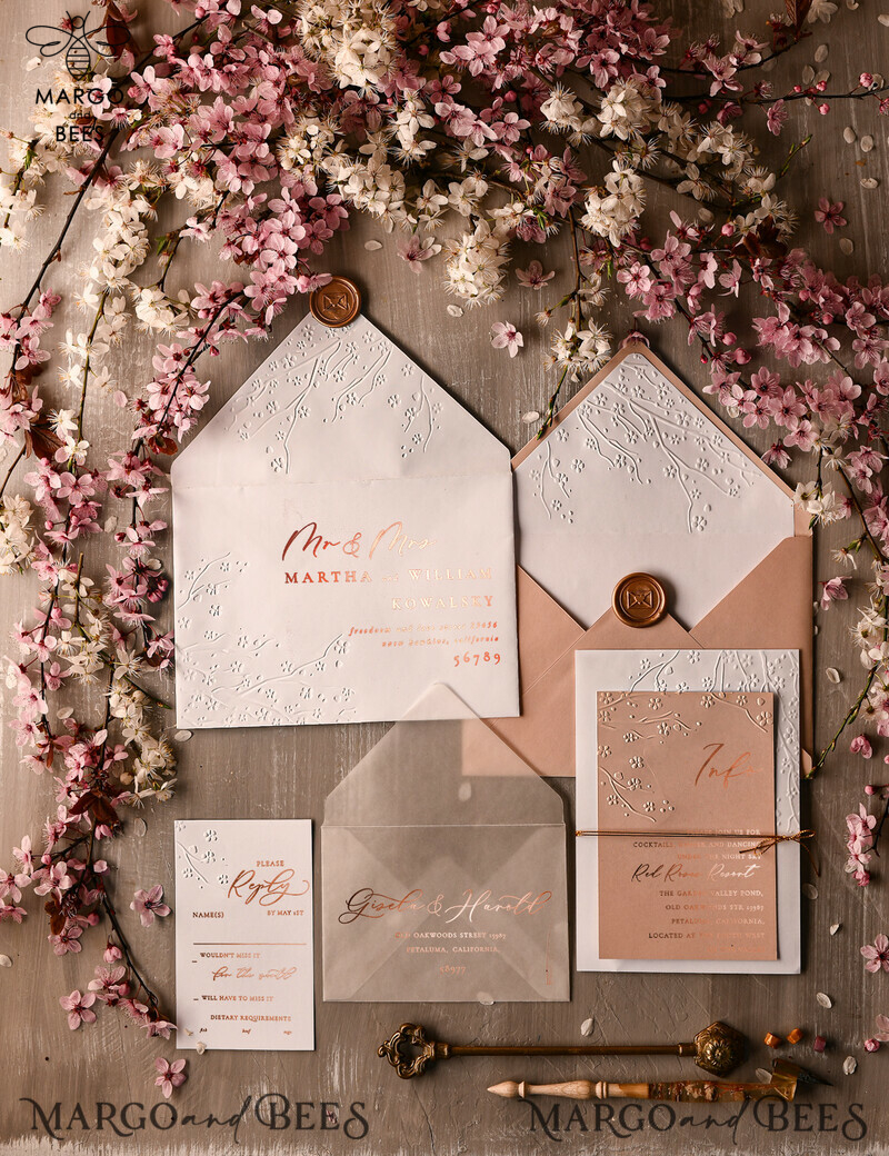 Glamour and Elegance: Rose Gold Wedding Invitations with Embossed Details, Romantic and Timeless: Cherry Blossom Wedding Invites for an Enchanting Celebration, Exquisite and Personalized: White Vellum Wedding Invitation Suite for a Bespoke Experience-7