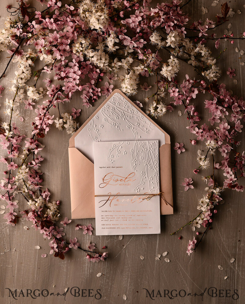 Glamour and Elegance: Rose Gold Wedding Invitations with Embossed Details, Romantic and Timeless: Cherry Blossom Wedding Invites for an Enchanting Celebration, Exquisite and Personalized: White Vellum Wedding Invitation Suite for a Bespoke Experience-8