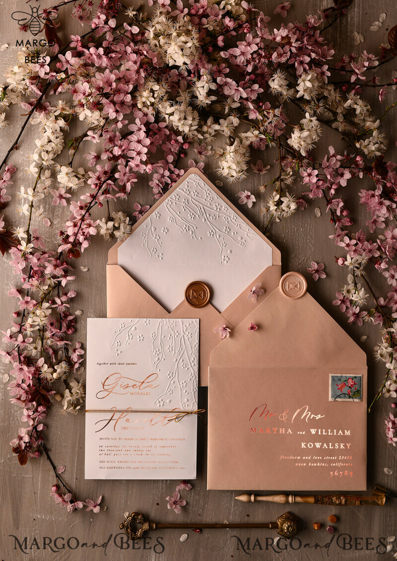 Rose Gold Embossed wedding invitation Suite,  elegant embossed flowers Rose Gold Wedding Invites, Blush Pink Envelope Wedding Crads-9