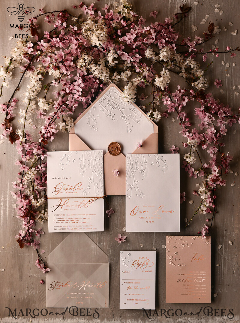 Glamour and Elegance: Rose Gold Wedding Invitations with Embossed Details, Romantic and Timeless: Cherry Blossom Wedding Invites for an Enchanting Celebration, Exquisite and Personalized: White Vellum Wedding Invitation Suite for a Bespoke Experience-0
