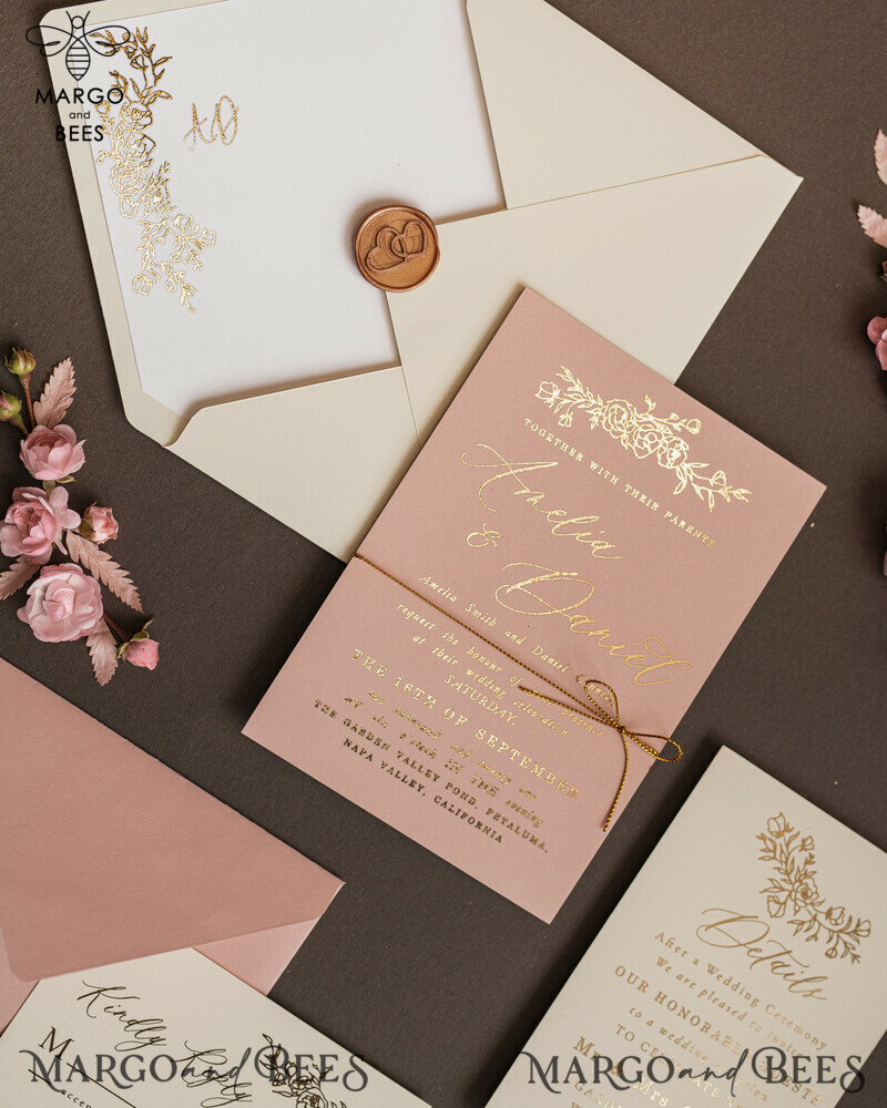Bespoke Nude Wedding Invitation Suite, Golden Shine Wedding Invitations, Luxury Blush Pink Wedding Cards, Elegant Affordable Wedding Stationery-10