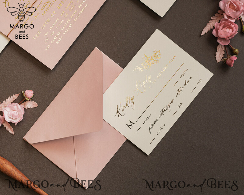 Bespoke Nude Wedding Invitation Suite, Golden Shine Wedding Invitations, Luxury Blush Pink Wedding Cards, Elegant Affordable Wedding Stationery-11