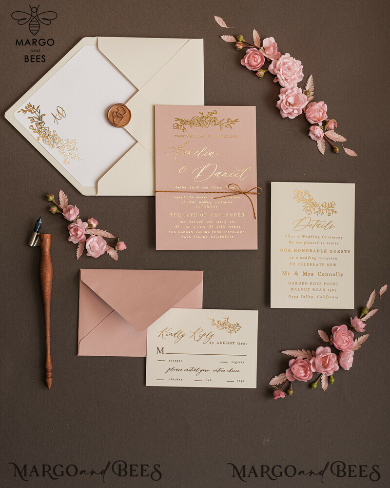 Bespoke Nude Wedding Invitation Suite, Golden Shine Wedding Invitations, Luxury Blush Pink Wedding Cards, Elegant Affordable Wedding Stationery-0