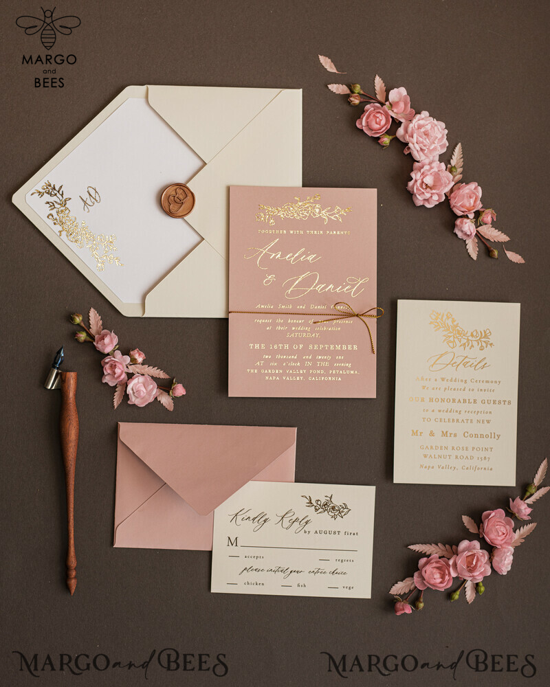 Bespoke Nude Wedding Invitation Suite, Golden Shine Wedding Invitations, Luxury Blush Pink Wedding Cards, Elegant Affordable Wedding Stationery-15