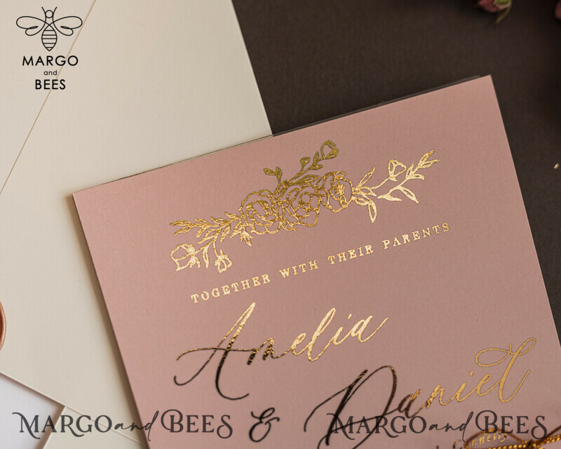 Bespoke Nude Wedding Invitation Suite, Golden Shine Wedding Invitations, Luxury Blush Pink Wedding Cards, Elegant Affordable Wedding Stationery-2
