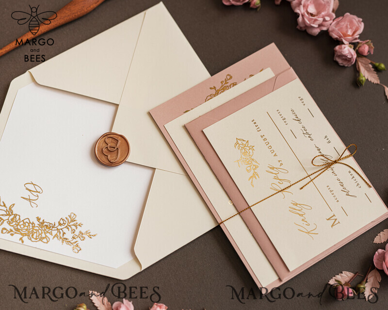 Bespoke Nude Wedding Invitation Suite, Golden Shine Wedding Invitations, Luxury Blush Pink Wedding Cards, Elegant Affordable Wedding Stationery-5