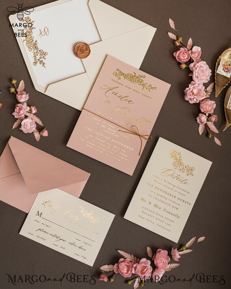 Bespoke Nude Wedding Invitation Suite, Golden Shine Wedding Invitations, Luxury Blush Pink Wedding Cards, Elegant Affordable Wedding Stationery-7
