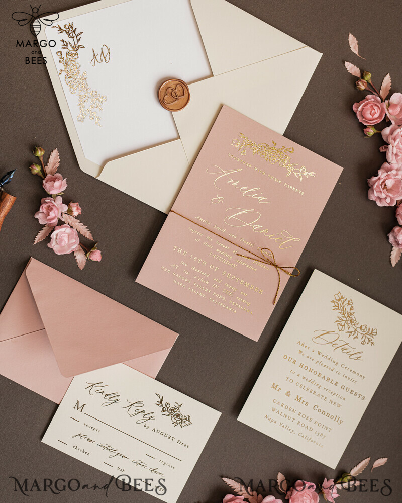 Bespoke Nude Wedding Invitation Suite, Golden Shine Wedding Invitations, Luxury Blush Pink Wedding Cards, Elegant Affordable Wedding Stationery-8