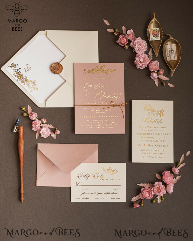 Bespoke Nude Wedding Invitation Suite, Golden Shine Wedding Invitations, Luxury Blush Pink Wedding Cards, Elegant Affordable Wedding Stationery-9