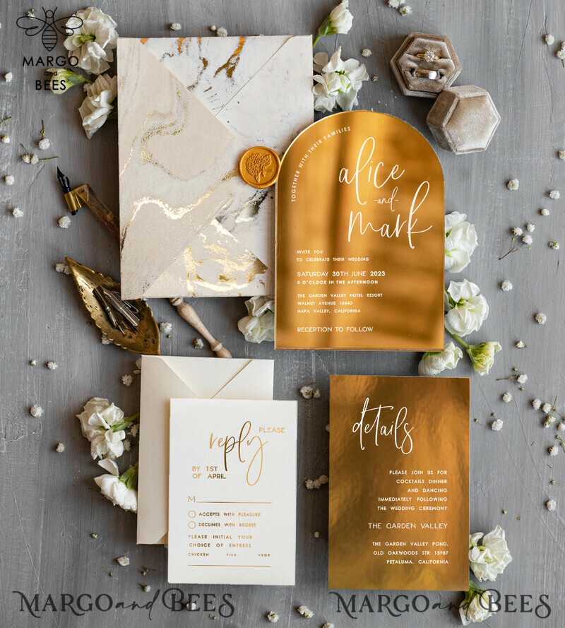 Elegant Gold Wedding invitations, Luxury Gold Acrylic wedding invitation, Golden marble Wedding Invites, Arch Glamour Wedding Invitation Suite-1
