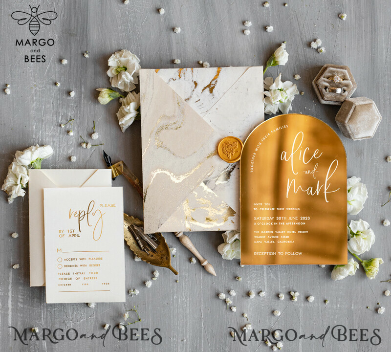 Elegant Gold Wedding invitations, Luxury Gold Acrylic wedding invitation, Golden marble Wedding Invites, Arch Glamour Wedding Invitation Suite-10