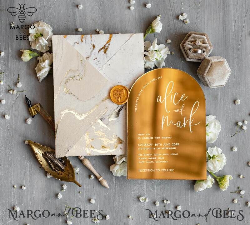 Elegant Gold Wedding invitations, Luxury Gold Acrylic wedding invitation, Golden marble Wedding Invites, Arch Glamour Wedding Invitation Suite-8