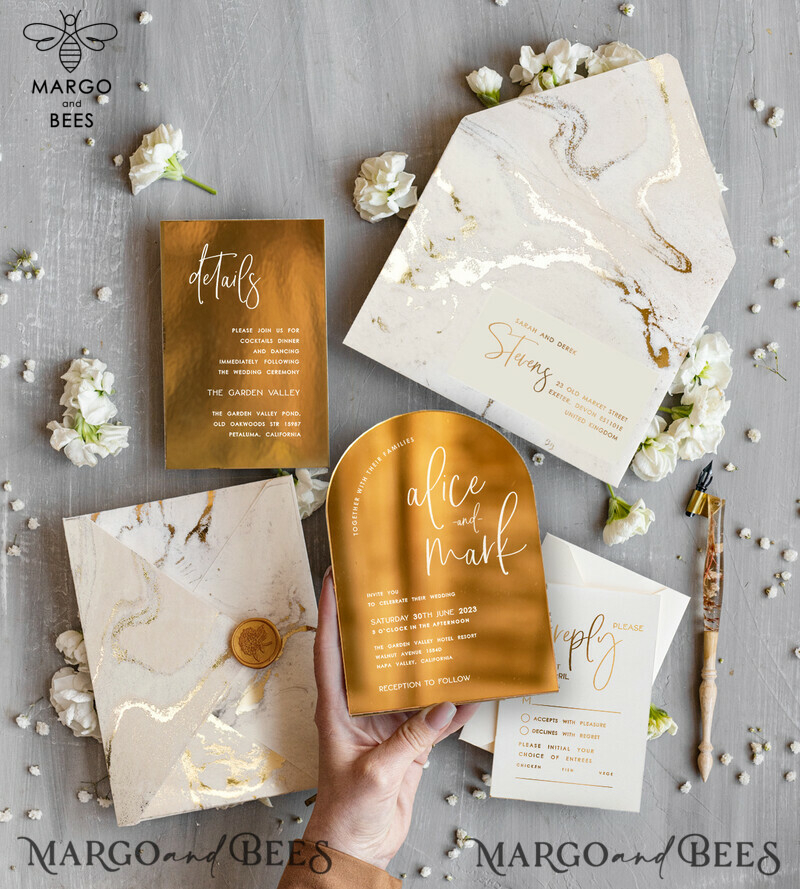 Elegant Gold Wedding invitations, Luxury Gold Acrylic wedding invitation, Golden marble Wedding Invites, Arch Glamour Wedding Invitation Suite-0