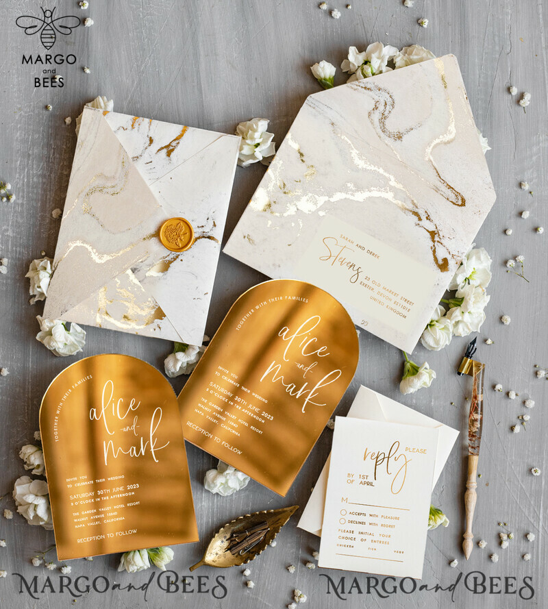 Elegant Gold Wedding invitations, Luxury Gold Acrylic wedding invitation, Golden marble Wedding Invites, Arch Glamour Wedding Invitation Suite-6