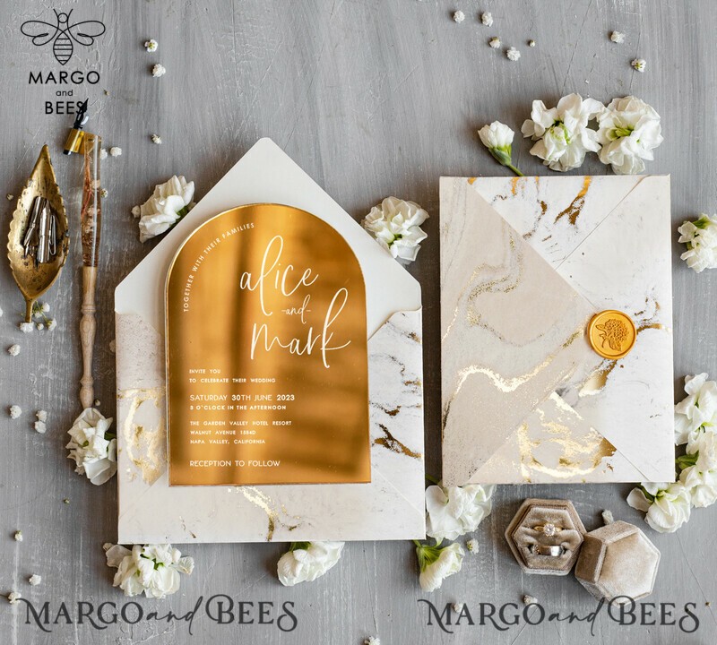 Elegant Gold Wedding invitations, Luxury Gold Acrylic wedding invitation, Golden marble Wedding Invites, Arch Glamour Wedding Invitation Suite-9