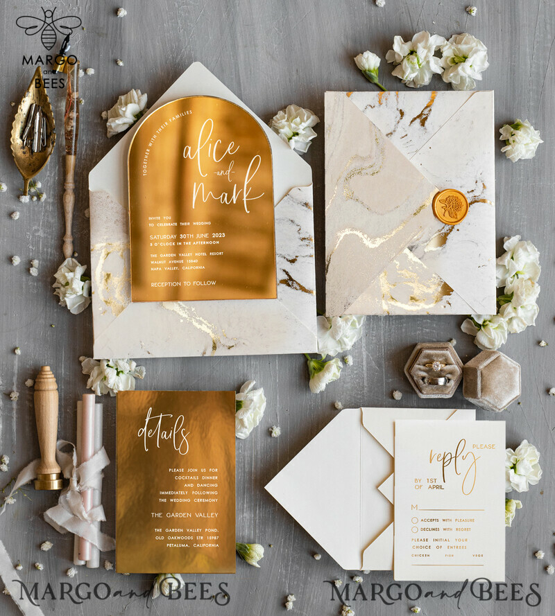 Elegant Gold Wedding invitations, Luxury Gold Acrylic wedding invitation, Golden marble Wedding Invites, Arch Glamour Wedding Invitation Suite-2