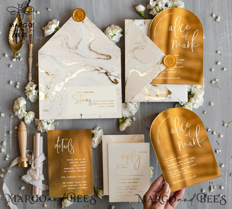 Elegant Gold Wedding invitations, Luxury Gold Acrylic wedding invitation, Golden marble Wedding Invites, Arch Glamour Wedding Invitation Suite-7