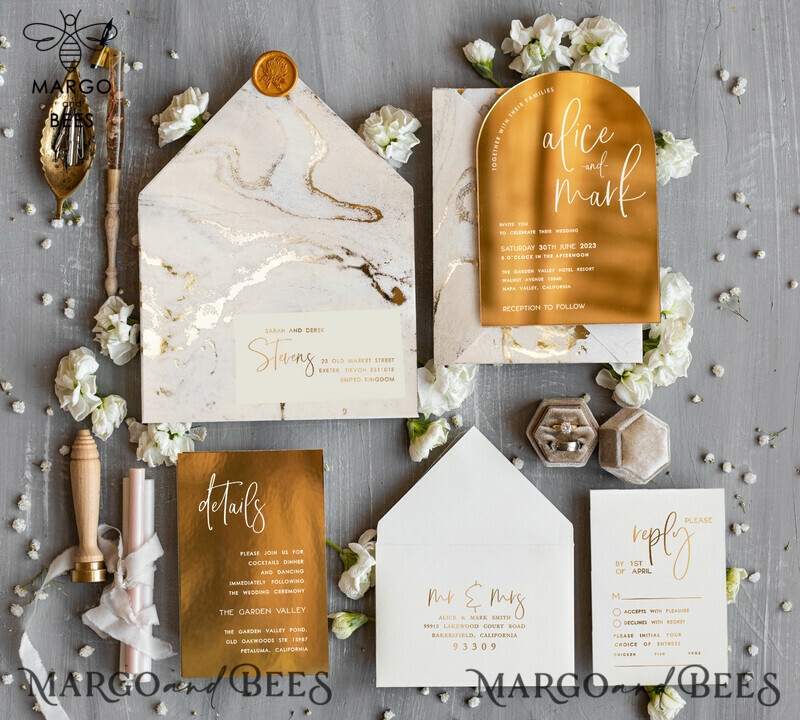 Elegant Gold Wedding invitations, Luxury Gold Acrylic wedding invitation, Golden marble Wedding Invites, Arch Glamour Wedding Invitation Suite-5