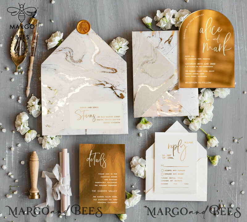 Elegant Gold Wedding invitations, Luxury Gold Acrylic wedding invitation, Golden marble Wedding Invites, Arch Glamour Wedding Invitation Suite-4