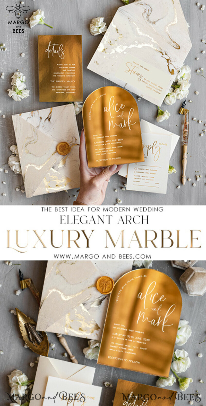 Elegant Gold Wedding invitations, Luxury Gold Acrylic wedding invitation, Golden marble Wedding Invites, Arch Glamour Wedding Invitation Suite-3