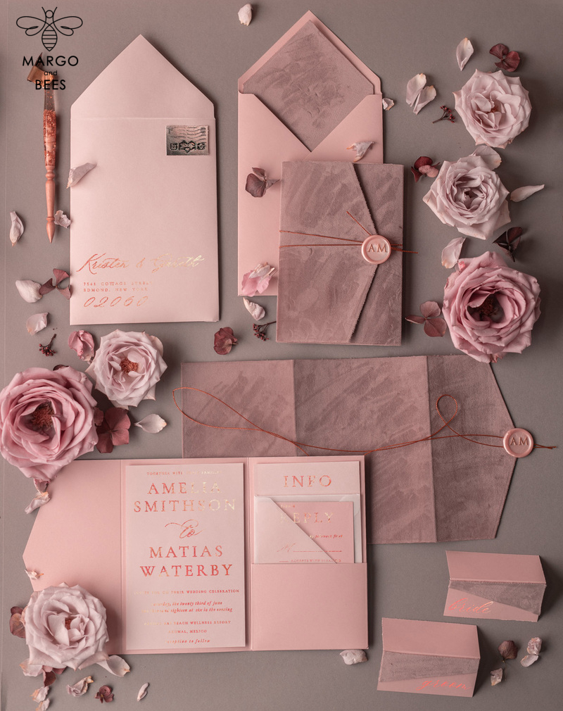 Luxury Wedding Velvet  Invitation Suite, Glamour Rose  Gold Wedding Invite, Blush Velvet wedding Cards -0