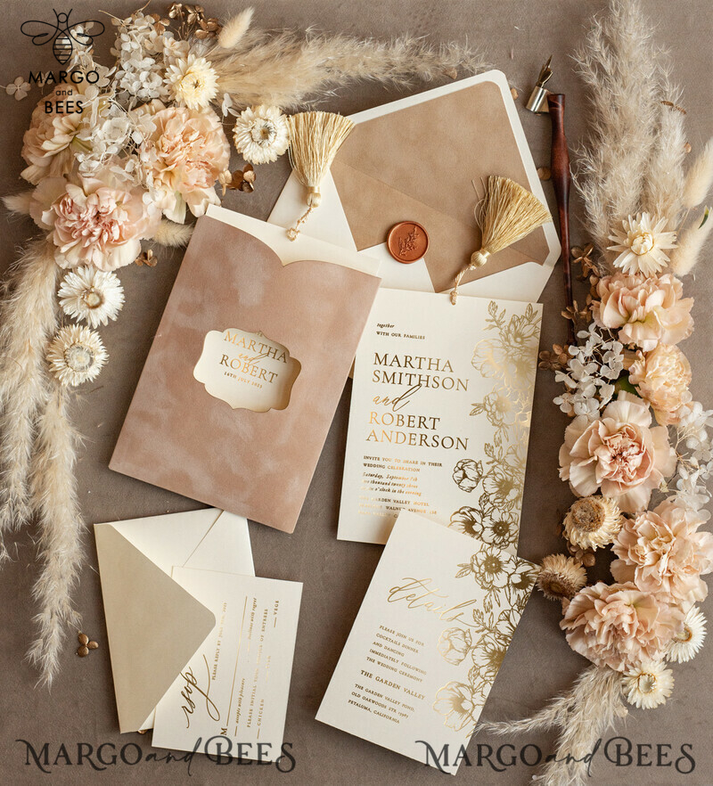 Romantic Wedding invitations velvet beige pocket, Elegant gold tassel Wedding Invitations, Gold Wedding Invitation Suite,  Luxury wedding Cards-0