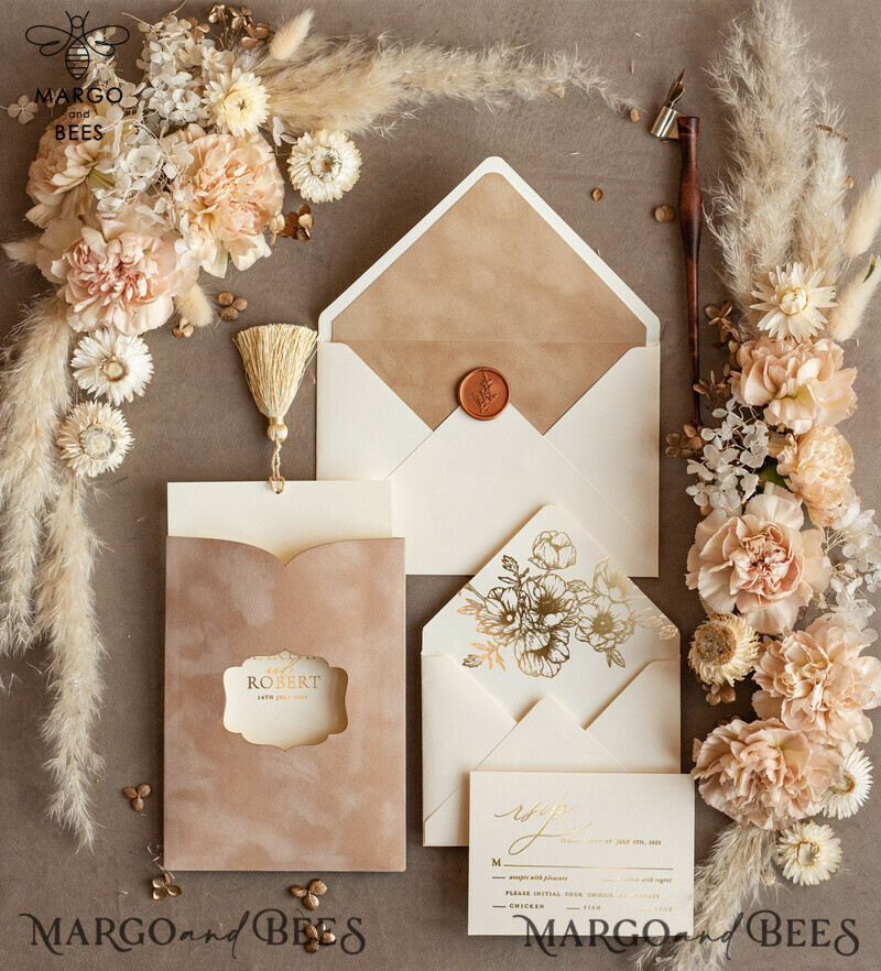Romantic Wedding invitations velvet beige pocket, Elegant gold tassel Wedding Invitations, Gold Wedding Invitation Suite,  Luxury wedding Cards-4