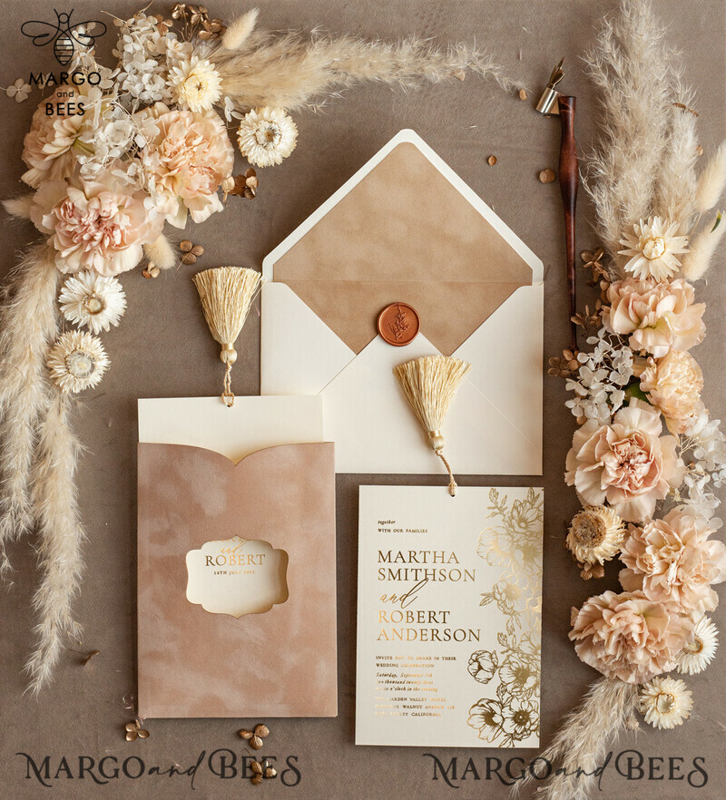 Romantic Wedding invitations velvet beige pocket, Elegant gold tassel Wedding Invitations, Gold Wedding Invitation Suite,  Luxury wedding Cards-1