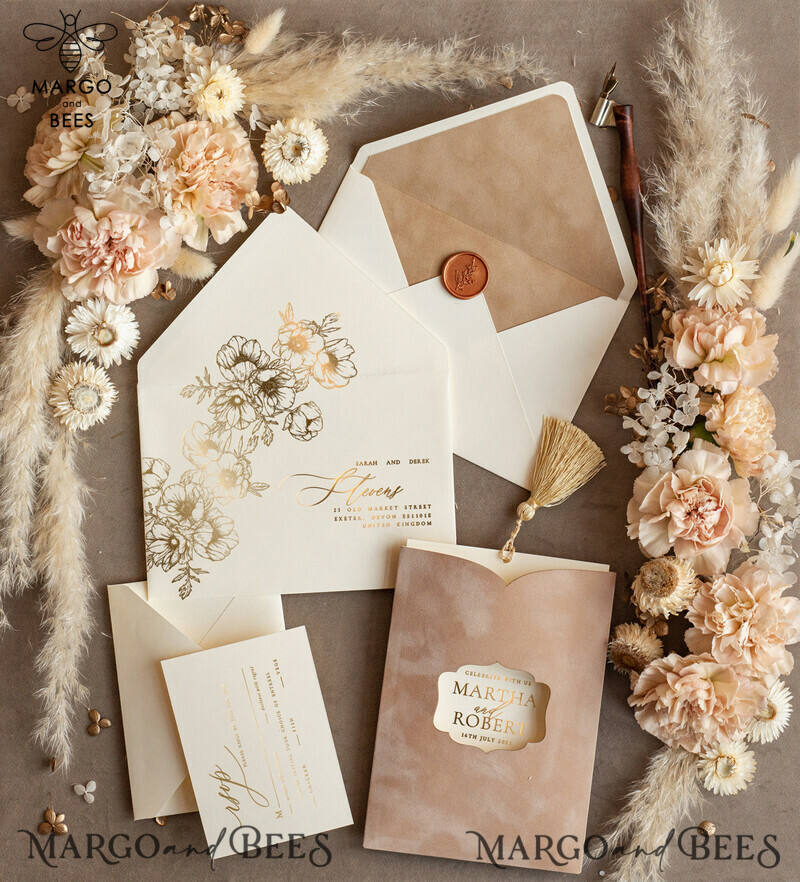 Romantic Wedding invitations velvet beige pocket, Elegant gold tassel Wedding Invitations, Gold Wedding Invitation Suite,  Luxury wedding Cards-3