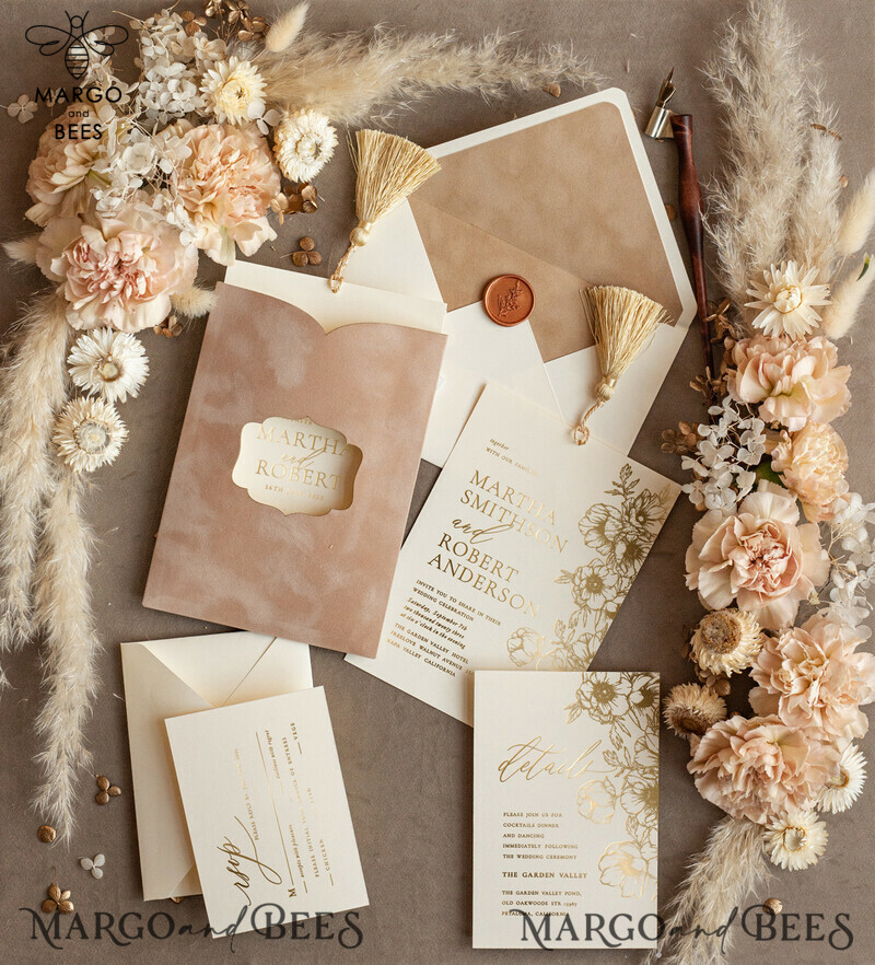 Romantic Wedding invitations velvet beige pocket, Elegant gold tassel Wedding Invitations, Gold Wedding Invitation Suite,  Luxury wedding Cards-2