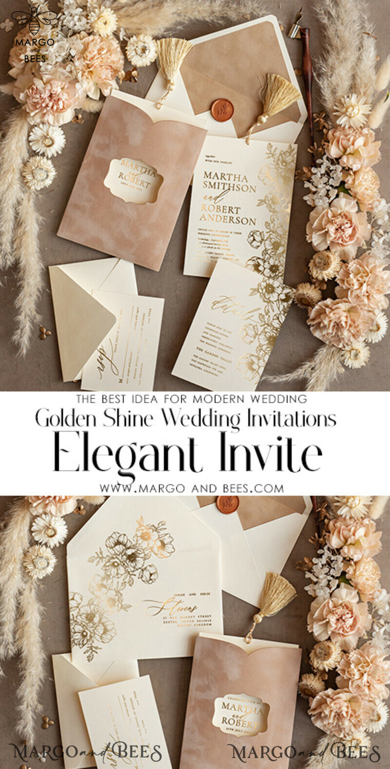 Luxury Gold Tassel Wedding Invitations with Romantic Velvet Beige Pocket - Elegant Wedding Invitation Suite-3