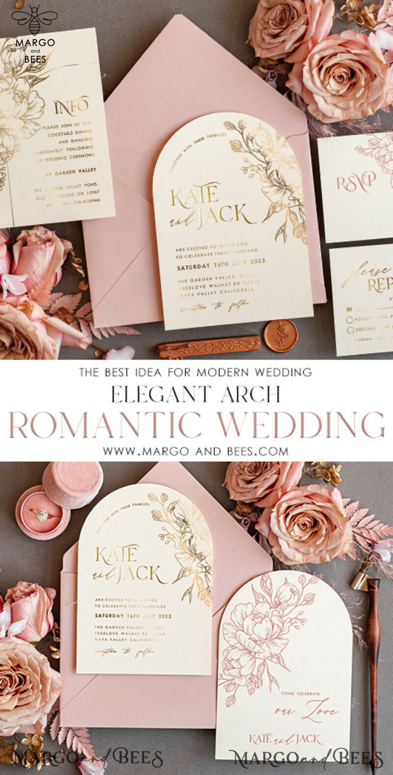 luxory Arch wedding invitation suite,  Glamour Wedding Invitations, gold and blush pink Wedding Invitations-3