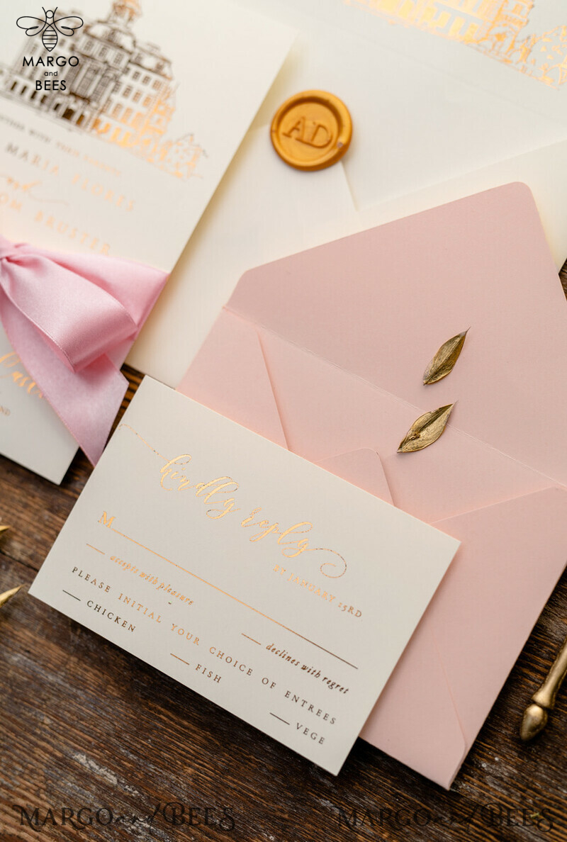 Luxury Gold Foil Wedding Invitations: Elegant Customized Venue Sketch with Glamour Golden Shine - Minimalistic Blush Pink Wedding Invitation Suite-1