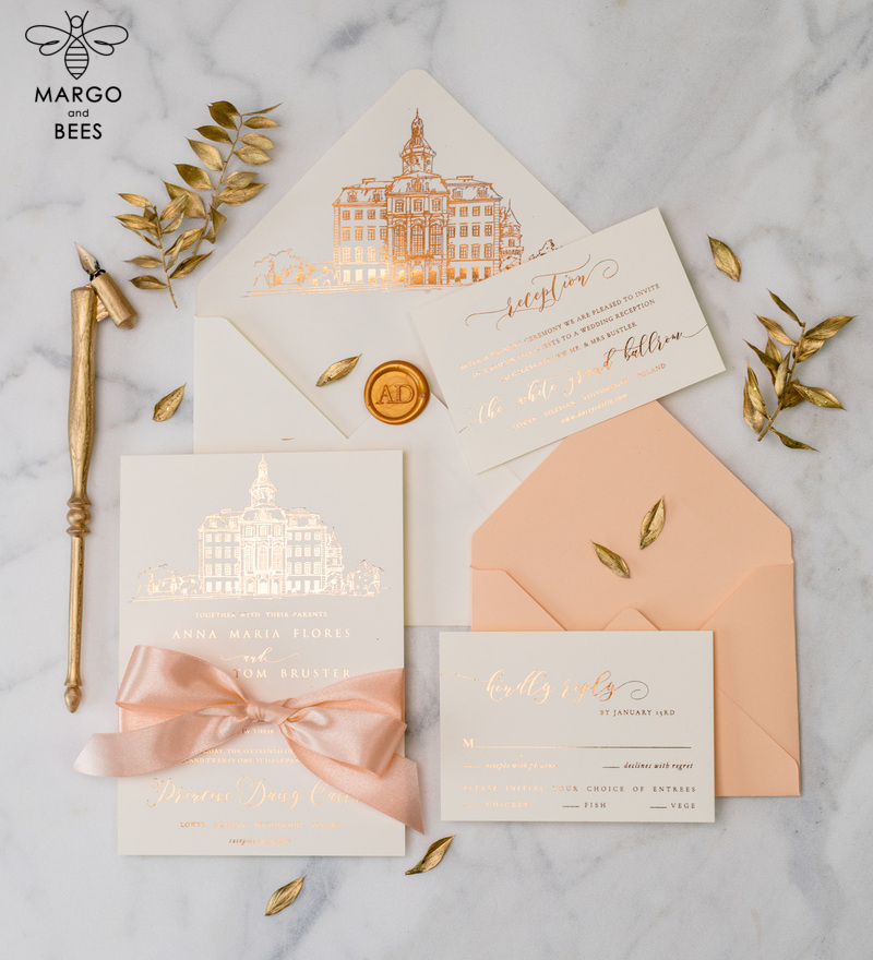 Wedding invitations sketch of your venue, Wedding Venue Luxury Invites, gold Wedding stationery-14