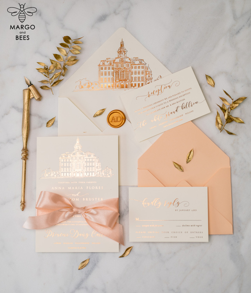 Wedding invitations sketch of your venue, Wedding Venue Luxury Invites, gold Wedding stationery-15