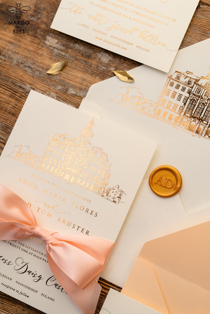 Wedding invitations sketch of your venue, Wedding Venue Luxury Invites, gold Wedding stationery-2