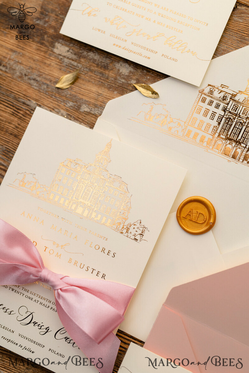 Luxury Gold Foil Wedding Invitations: Elegant Customized Venue Sketch with Glamour Golden Shine - Minimalistic Blush Pink Wedding Invitation Suite-2