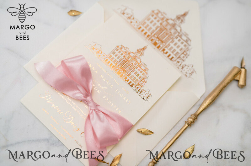 Luxury Gold Foil Wedding Invitations: Elegant Customized Venue Sketch with Glamour Golden Shine and Minimalistic Blush Pink Wedding Invitation Suite-7